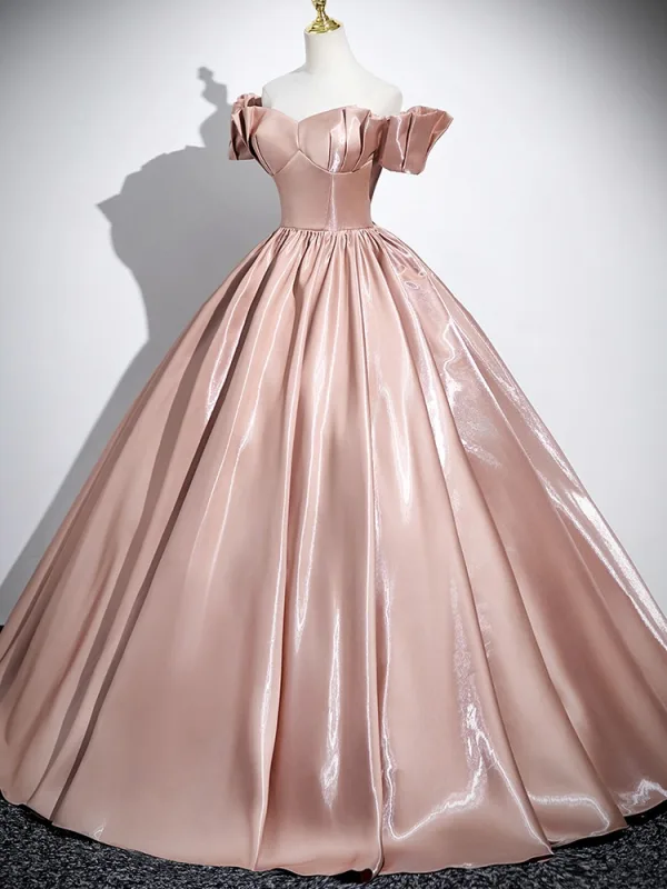 Elegant Champagne Satin Prom Dresses 2025 Ball Gown Off-The-Shoulder Short Sleeve Backless Floor-Length / Long Prom Formal Dresses