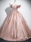 Elegant Champagne Satin Prom Dresses 2025 Ball Gown Off-The-Shoulder Short Sleeve Backless Floor-Length / Long Prom Formal Dresses