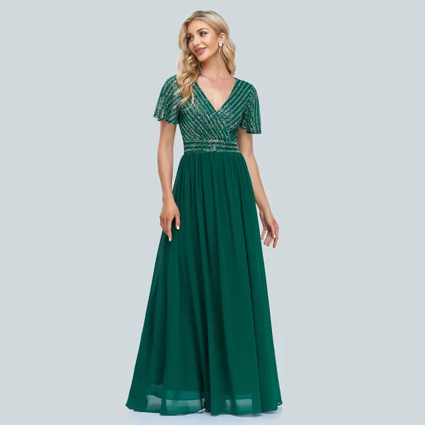 Chic / Belle Vert Paillettes Robe De Soirée Princesse 2023 V-Cou Manches Courtes Longue Soirée Robe De Ceremonie