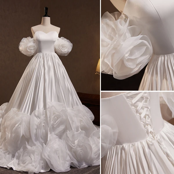 Vintage / Retro Ivory Ruffle Wedding Dresses 2023 A-Line / Princess Off-The-Shoulder Short Sleeve Backless Chapel Train Wedding