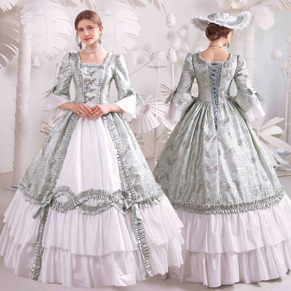 Baroque Medieval Sage Green Prom Dresses 2022 Ball Gown Square Neckline Bell sleeves Backless Rhinestone Pearl Bow Floor-Length / Long Formal Dresses