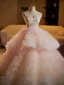 Edles Farbverlauf Rosa Perlenstickerei Pailletten Applikationen Fallende Rüsche Brautkleider / Hochzeitskleider 2025 Ballkleid Bandeau Ärmellos Rückenfreies Lange Hochzeit