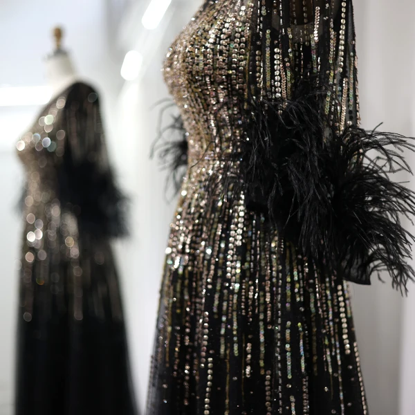 High-end Black Handmade Beading Sequins Feather Prom Dresses 2024 A-Line / Princess Scoop Neck 1/2 Sleeves Floor-Length / Long Prom Formal Dresses