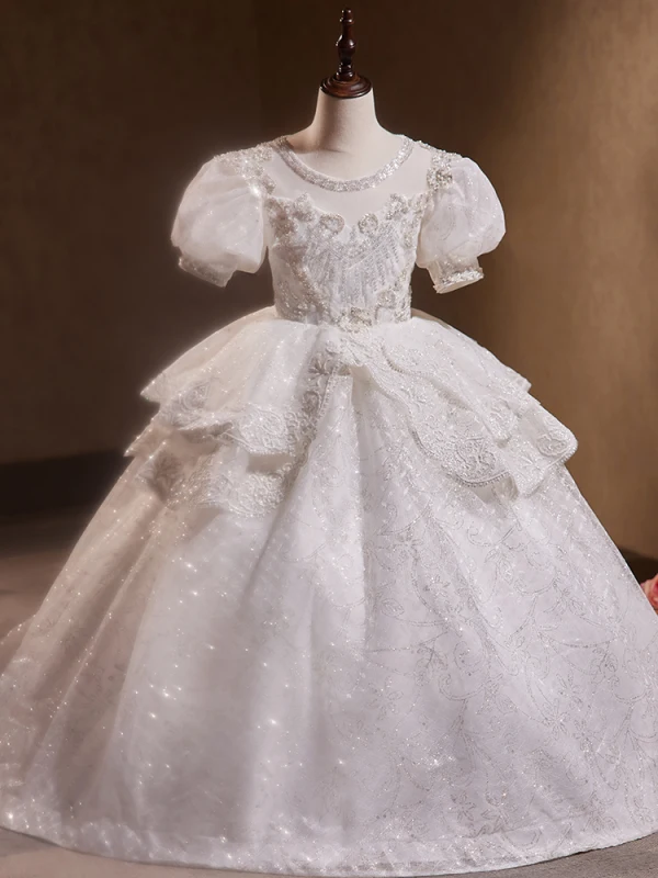 Charming White Beading Pearl Sequins Cascading Ruffles Birthday Flower Girl Dresses 2023 Ball Gown Scoop Neck Puffy Short Sleeve Floor-Length / Long Flower Girl Dresses