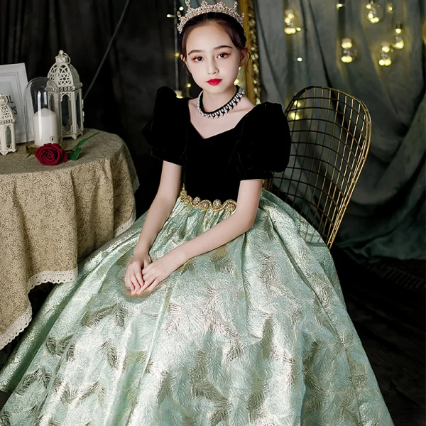 Elegant Black Rhinestone Sequins Birthday Flower Girl Dresses 2022 Ball Gown V-Neck Puffy Short Sleeve Backless Floor-Length / Long Flower Girl Dresses