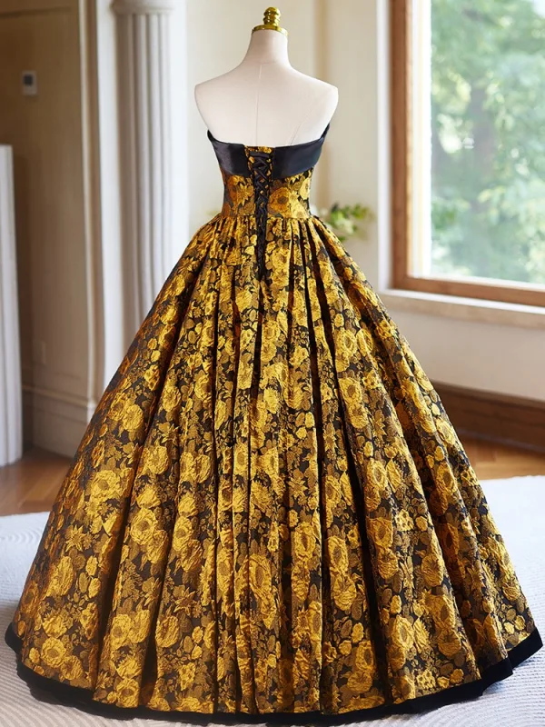 Vintage / Originale Doré Impression Robe De Bal 2024 Robe Boule Bustier Sans Manches Dos Nu Longue Promo Robe De Ceremonie
