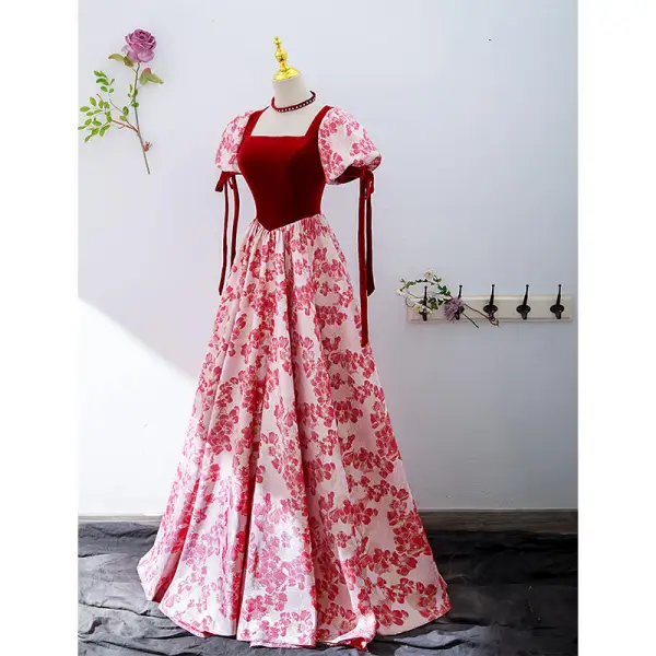 Vintage / Retro Red Floral Prom Dresses 2022 A-Line / Princess Square Neckline Short Sleeve Backless Bow Floor-Length / Long Prom Formal Dresses