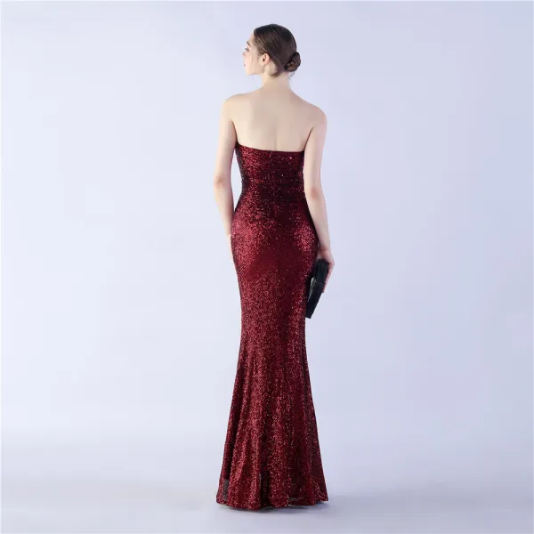 Sexy Black Sequins Evening Dresses 2024 Trumpet / Mermaid Strapless Tassel Sleeveless Backless Floor-Length / Long Evening Party Formal Dresses