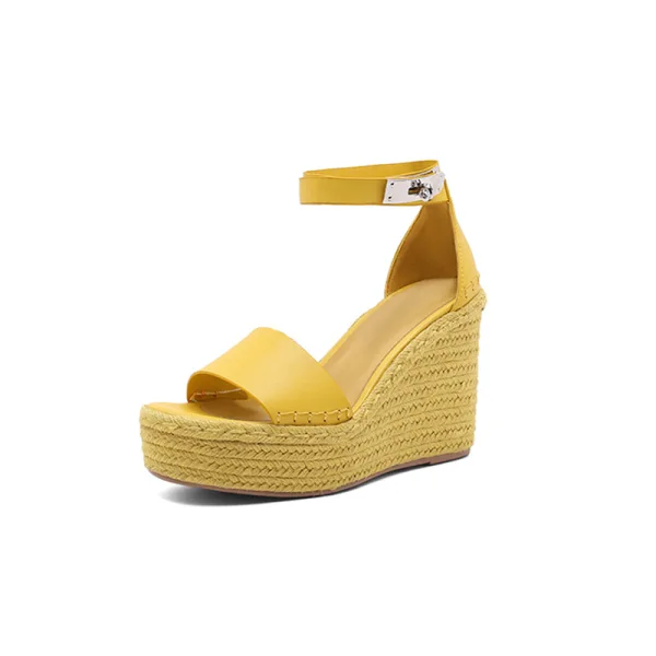 Chic / Beautiful Orange Street Wear Braid Womens Sandals 2022 Ankle Strap 12 cm Wedges Open / Peep Toe Sandals High Heels