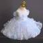 Chic / Beautiful Sky Blue Pearl Appliques Short Birthday Flower Girl Dresses 2025 Ball Gown Scoop Neck Sleeveless Backless