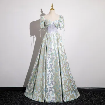 Mode Vert Cendré En Dentelle Fleur Papillon Robe De Bal 2025 Robe Boule Encolure Carrée Manches Courtes Dos Nu Longue Promo Robe De Ceremonie
