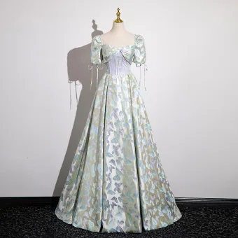 Fashion Sage Green Lace Flower Butterfly Prom Dresses 2025 Ball Gown Square Neckline Short Sleeve Backless Floor Length Long Prom Formal Dresses