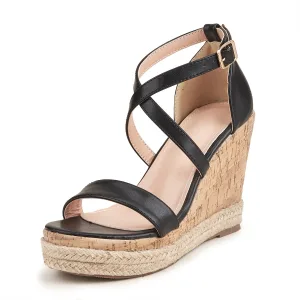 Vintage Originale Été Noire Vêtement De Rue Imperméables Sandales Femme 2023 Bride Cheville 11 Cm Compensées Peep Toes Bout Ouvert Sandales