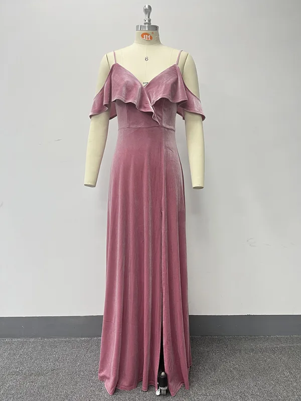 Sexy Pink Samt Gespaltete Front Abendkleider 2024 Meerjungfrau Spaghettiträger Ärmellos Rückenfreies Lange Abend Festliche Kleider