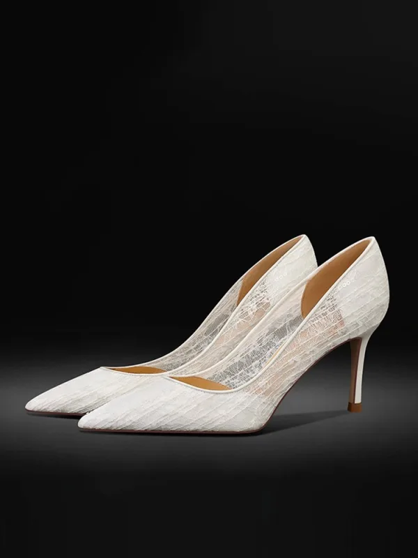 Elegante Witte Kant Bloem Bruidsschoenen 2024 Leer 6 cm Naaldhakken / Stiletto Spitse Neus Huwelijk Pumps Hoge Hakken