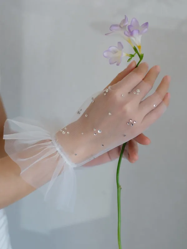 Niezwykły Białe Wykonany Ręcznie Rhinestone Ślub Rękawiczki Ślubne 2025 Tiulowe