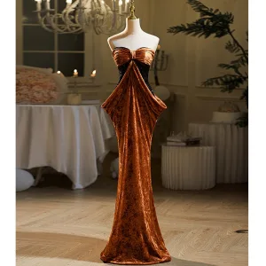 Sexy Brown Sequins Velvet Evening Dresses 2024 Trumpet Mermaid Strapless Bow Sleeveless Backless Floor Length Long Evening Party Formal Dresses