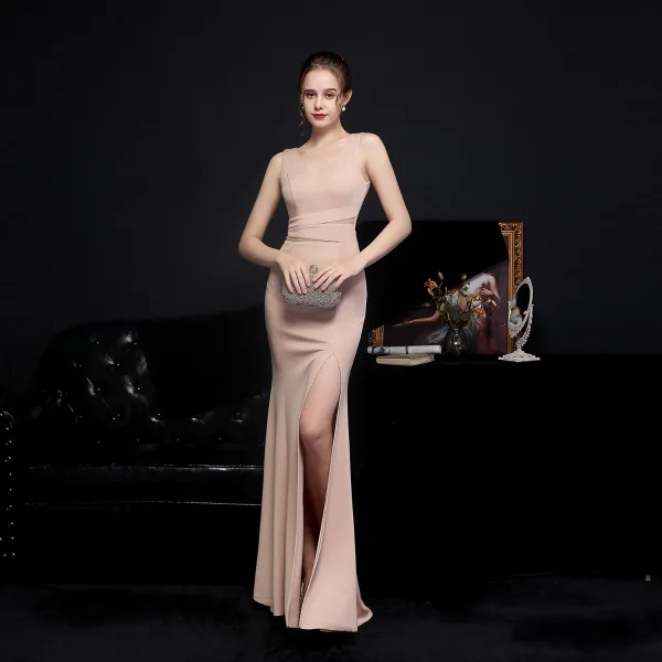 Sexy Black Beading Split Front Evening Dresses 2022 Trumpet / Mermaid V-Neck Sleeveless Backless Floor-Length / Long Evening Party Formal Dresses
