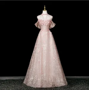 Sjarmerende Rødmende Rosa Beading Paljetter Rhinestone Appliques Ballkjoler 2025 Prinsesse Av Skulderen Korte Ermer Ryggløse Lange Formelle Kjoler