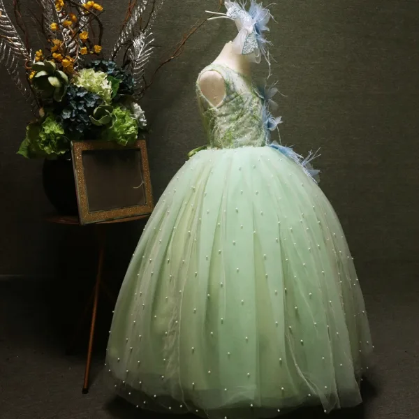 Elegant Sage Green Beading Pearl Sequins Appliques Birthday Flower Girl Dresses 2025 Ball Gown Scoop Neck Sleeveless Backless Floor-Length / Long