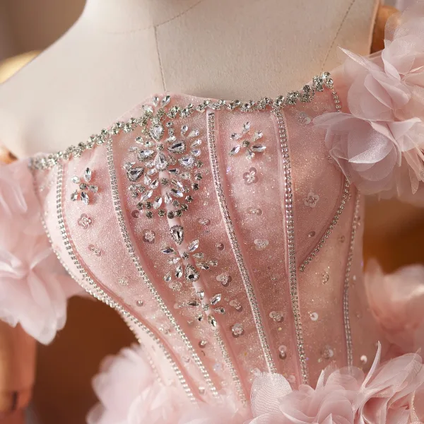 Uroczy Rumieniąc Różowy Rhinestone Aplikacje Krótkie Sukienki Na Impreze 2025 Suknia Balowa Przy Ramieniu Kótkie Rękawy Bez Pleców Sukienki Wizytowe