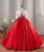Vintage / Retro Red Sequins Lace Flower Satin Prom Dresses 2024 Ball Gown Scoop Neck 3/4 Sleeve Backless Floor-Length / Long Prom Formal Dresses