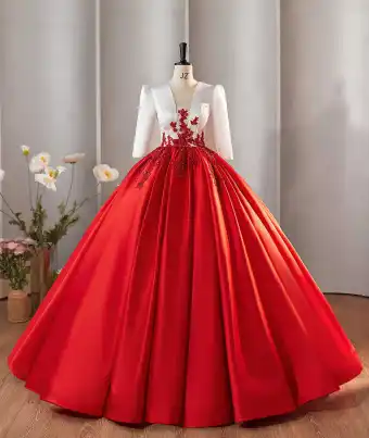 Vintage Retro Red Sequins Lace Flower Satin Prom Dresses 2024 Ball Gown Scoop Neck 3 4 Sleeve Backless Floor Length Long Prom Formal Dresses