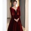 Elegant Burgundy Suede Prom Dresses 2024 A-Line / Princess V-Neck Long Sleeve Backless Floor-Length / Long Prom Formal Dresses
