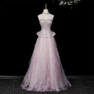 Scintillantes Rougissant Rose Perle Paillettes Robe De Bal 2026 Princesse Bustier Sans Manches Dos Nu Longue Robe De Ceremonie