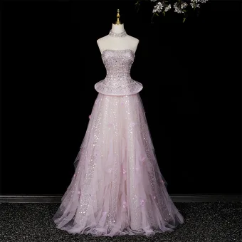Sparkly Blushing Pink Pearl Sequins Prom Dresses 2026 A Line Princess Strapless Sleeveless Backless Floor Length Long Formal Dresses