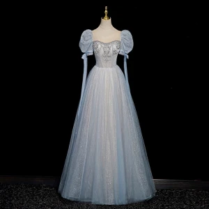 Chic Beautiful Sky Blue Beading Rhinestone Sequins Prom Dresses 2023 A Line Princess Square Neckline Short Sleeve Backless Floor Length Long Formal Dresses