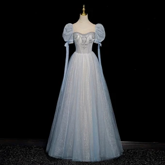Chic Belle Bleu Ciel Perlage Faux Diamant Paillettes Robe De Bal 2023 Princesse Encolure Carrée Manches Courtes Dos Nu Longue Robe De Ceremonie