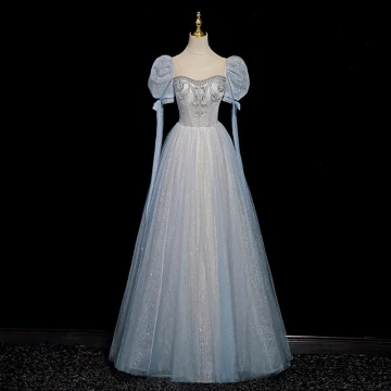 Chic Beautiful Sky Blue Beading Rhinestone Sequins Prom Dresses 2023 A Line Princess Square Neckline Short Sleeve Backless Floor Length Long Formal Dresses