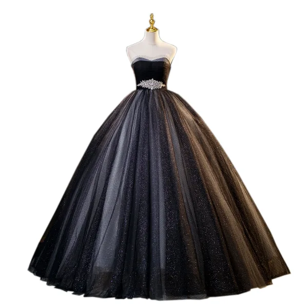 Charmant Sexy Schwarz Glanz Pailletten Strass Stoffgürtel Ballkleider 2023 Ballkleid Bandeau Ärmellos Rückenfreies Lange Ball Festliche Kleider