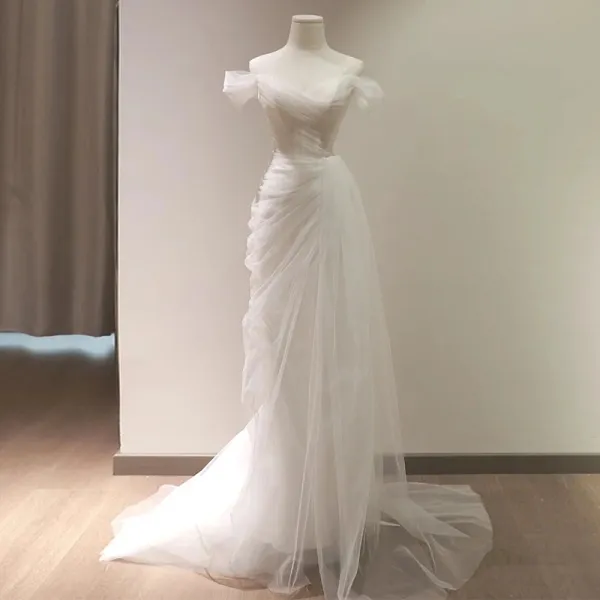Modest / Simple White Light Wedding Dresses 2023 Trumpet / Mermaid Off-The-Shoulder Short Sleeve Backless Sweep Train Wedding
