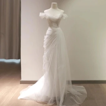 Simple Blanche Légère Robe De Mariée 2023 Trompette Sirène De L Épaule Manches Courtes Dos Nu Train De Balayage Mariage