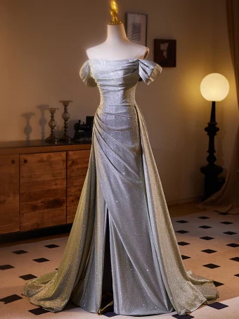 Sparkly Silver Sequins Split Front Prom Dresses 2024 A Line Princess Off The Shoulder Sleeveless Backless Sweep Train Prom Formal Dresses