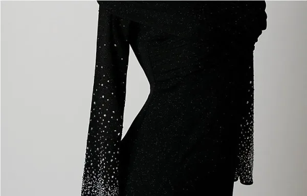 Charmant Noire Faux Diamant Fendue devant Robe De Soirée 2026 Trompette / Sirène De l'épaule Manches Longues Longue Robe De Ceremonie