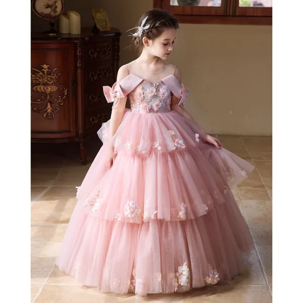 Lovely Blushing Pink Beading Pearl Sequins Appliques Birthday Flower Girl Dresses 2025 Ball Gown Scoop Neck Short Sleeve Backless Floor-Length / Long