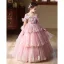 Lovely Blushing Pink Beading Pearl Sequins Appliques Birthday Flower Girl Dresses 2025 Ball Gown Scoop Neck Short Sleeve Backless Floor-Length / Long
