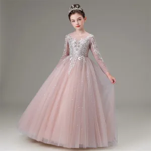 Elegante Blozen Roze Kralen Rhinestone Kant Bloem Verjaardag Bloemenmeisjes Jurken 2025 Baljurk Ronde Hals Lange Mouwen Lange