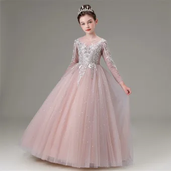 Élégant Rougissant Rose Perlage Faux Diamant En Dentelle Fleur Anniversaire Robe Ceremonie Fille 2025 Robe Boule Encolure Dégagée Manches Longues Longue