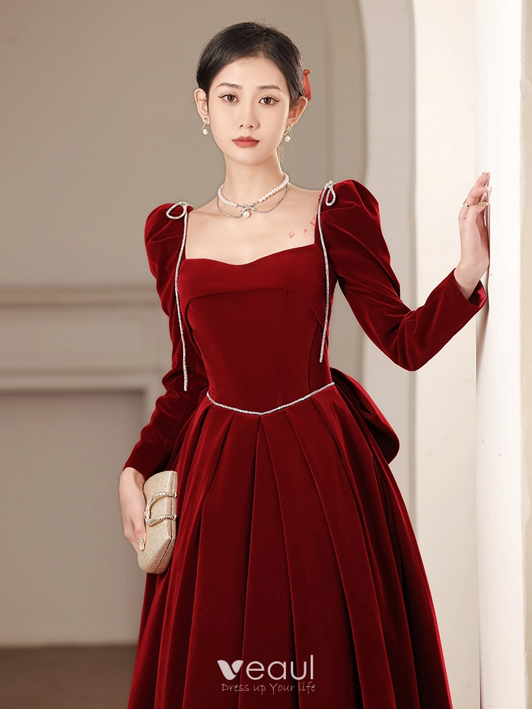 Princess Mary Inspired Burgundy Long-sleeve Velvet Formal
