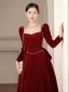 Elegant Burgundy Velour Winter Prom Dresses 2023 A-Line / Princess Square Neckline Pearl Long Sleeve Backless Bow Floor-Length / Long Prom Formal Dresses