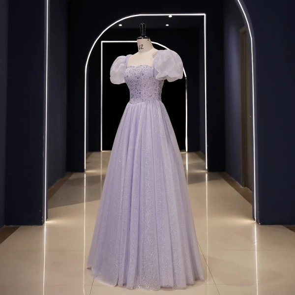 Elegante Lavendel Pailletten Ballkleider 2023 A Linie Eckiger Ausschnitt Geschwollenes Kurze Ärmel Rückenfreies Lange Ball Festliche Kleider