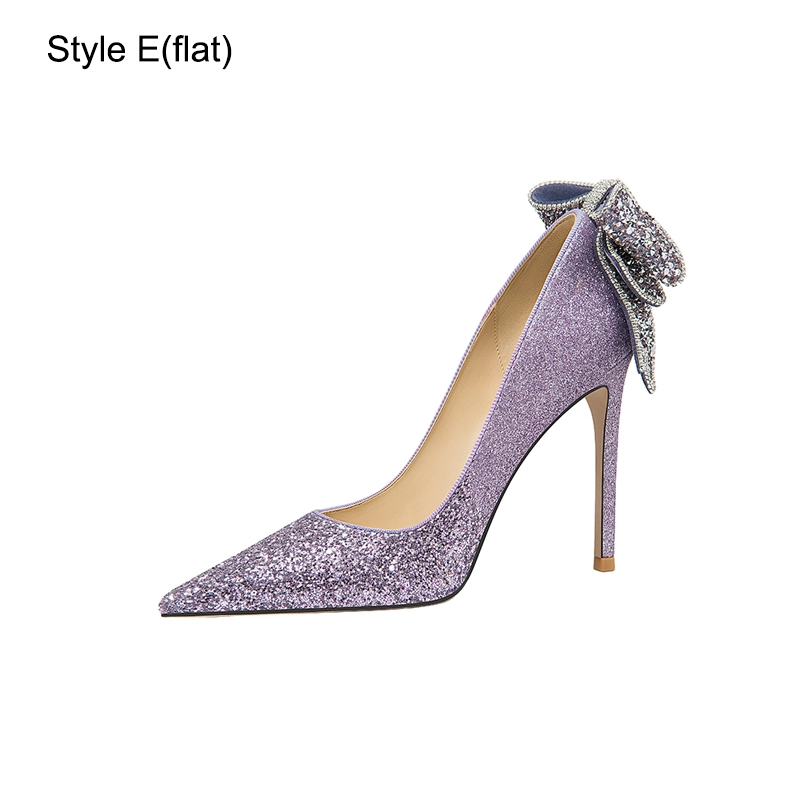 Sparkly Sexy Lavender Rhinestone Sequins Bow Wedding Shoes 2023 Leather 10 cm Stiletto Heels Pointed Toe