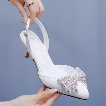 Charming White Rhinestone Bow Evening Party Womens Sandals 2026 6 Cm Stiletto Heels Pointed Toe Sandals High Heels