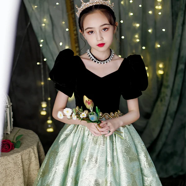 Elegant Black Rhinestone Sequins Birthday Flower Girl Dresses 2022 Ball Gown V-Neck Puffy Short Sleeve Backless Floor-Length / Long Flower Girl Dresses