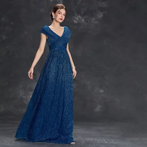 Sparkly Navy Blue Sequins Evening Dresses 2025 A Line Princess V Neck Sleeveless Floor Length Long Evening Party Formal Dresses