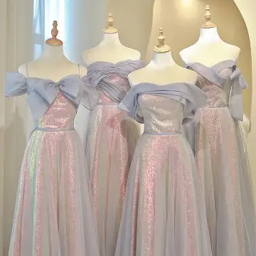 Chic Beautiful Blushing Pink Sequins Bridesmaid Dresses 2022 A Line Princess Off The Shoulder Sleeveless Backless Floor Length Long Bridesmaid Dresses